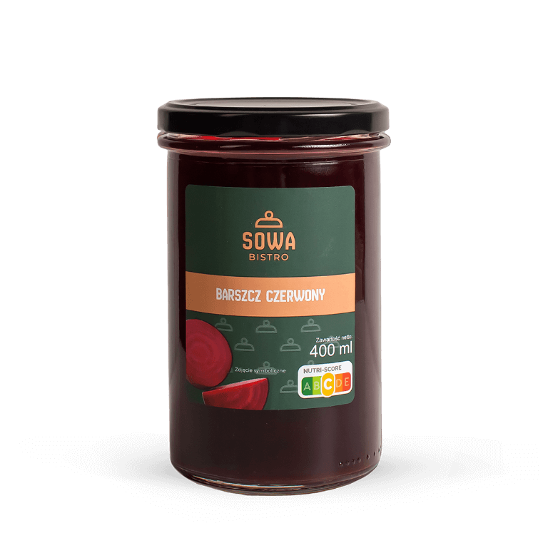Barszcz czerwony Sowa Bistro w szklanym słoiku 400 ml – naturalny gotowy barszcz do podgrzania, produkt premium.